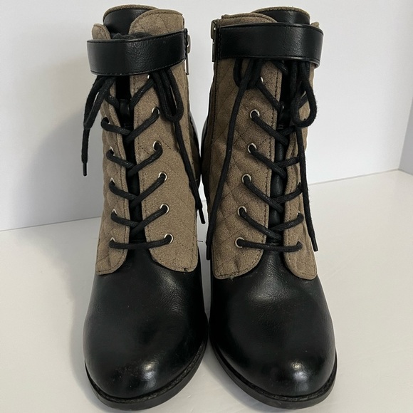 Call It Spring Khaki 'Acirari' Heeled Booties Side Zip Lace Front Quilted Detail - Picture 2 of 9